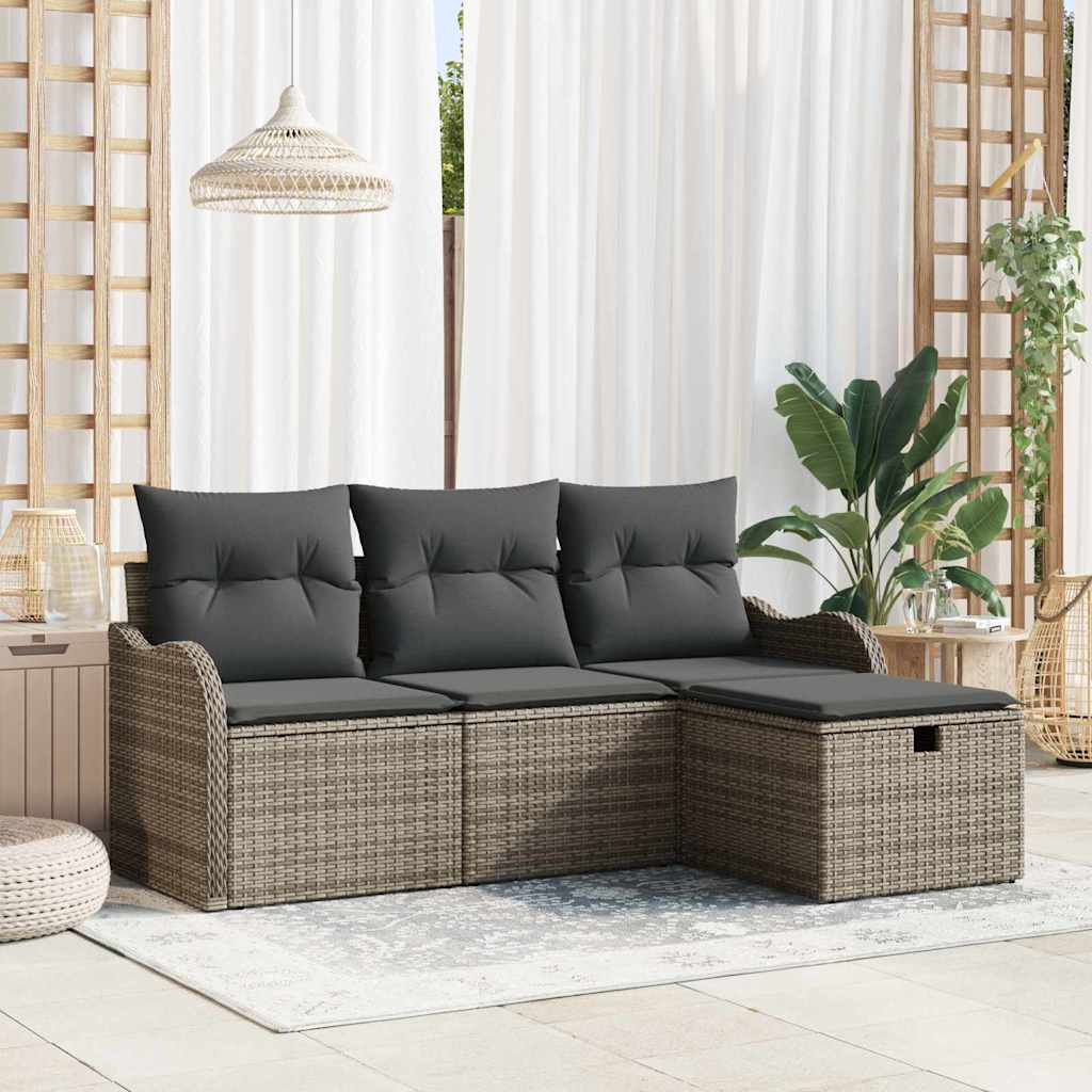 Havesofa Sæt med pude med opbevaring 4 pcs Grå polyrattan