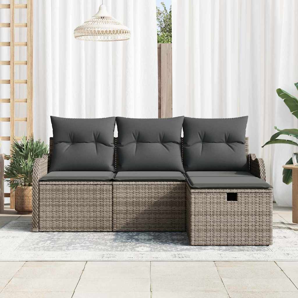 Havesofa Sæt med pude med opbevaring 4 pcs Grå polyrattan