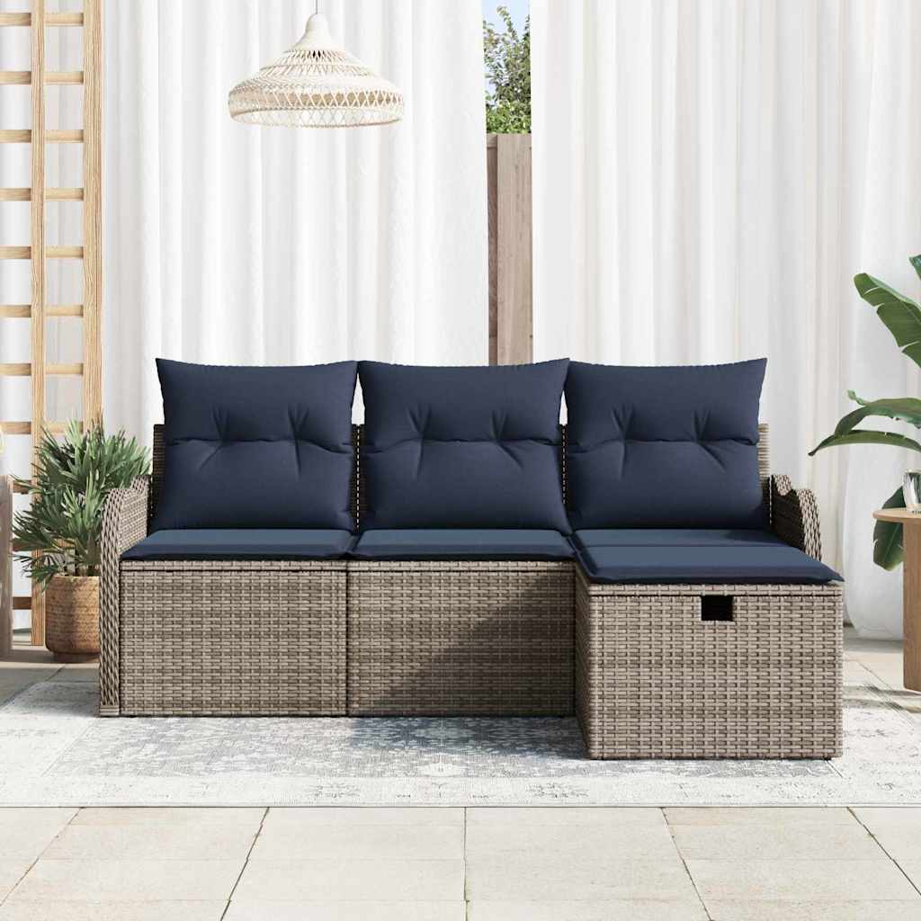 Havesofa Sæt 4 stk. 3-Antal sæder Grå og Marineblå polyrattan
