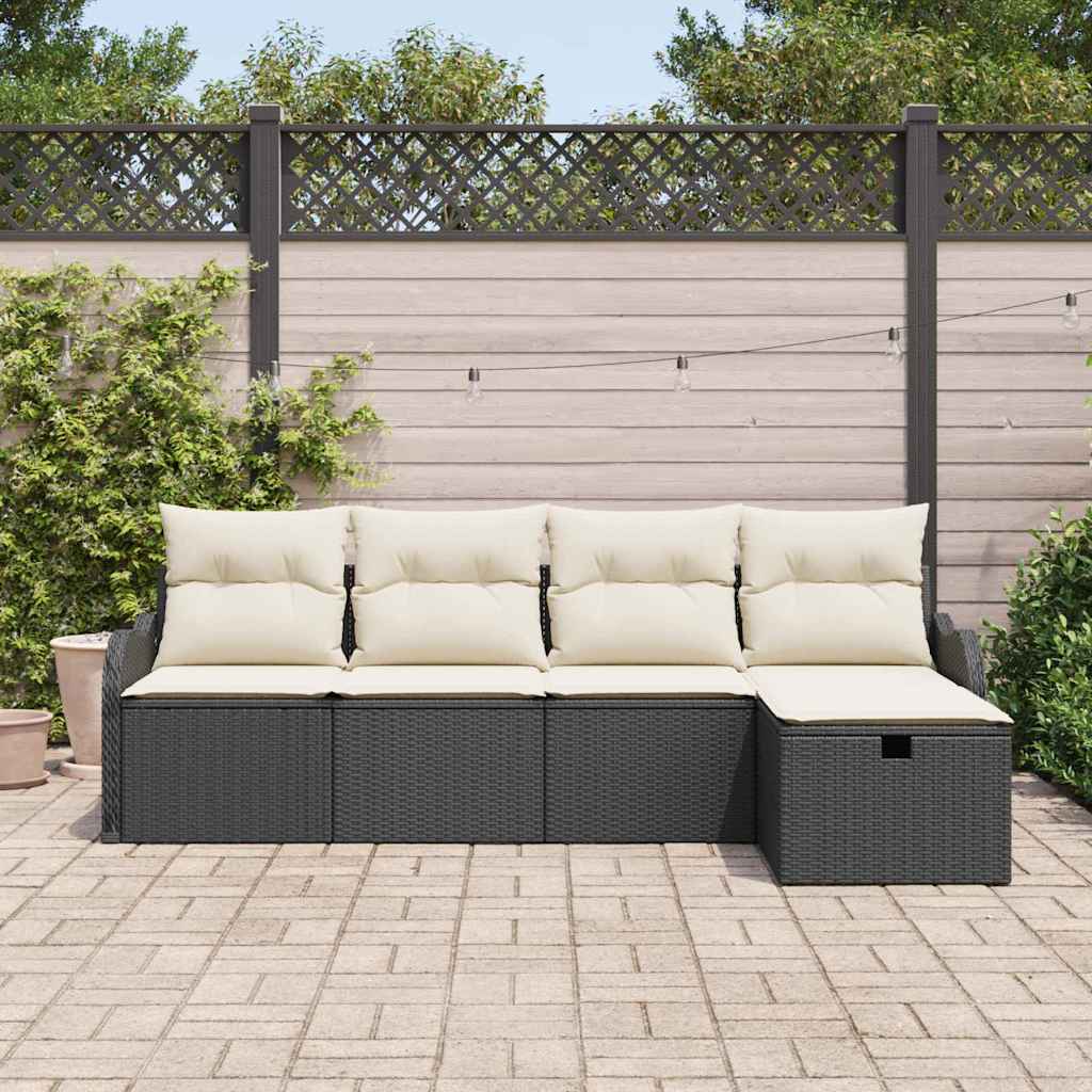 Havesofa Sæt med pude 5 pcs Sort og cremefarvet Poly rattan