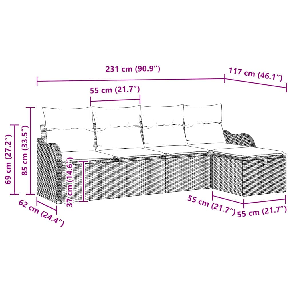 Havesofa Sæt med pude 5 pcs Sort og cremefarvet Poly rattan