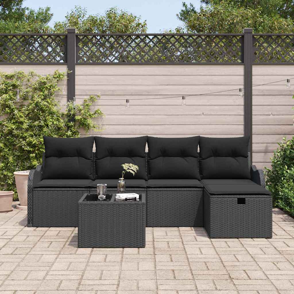 Havesofa Sæt med pude med opbevaring 6 pcs Sort polyrattan
