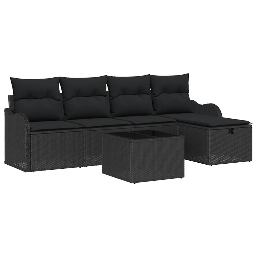 Havesofa Sæt med pude med opbevaring 6 pcs Sort polyrattan