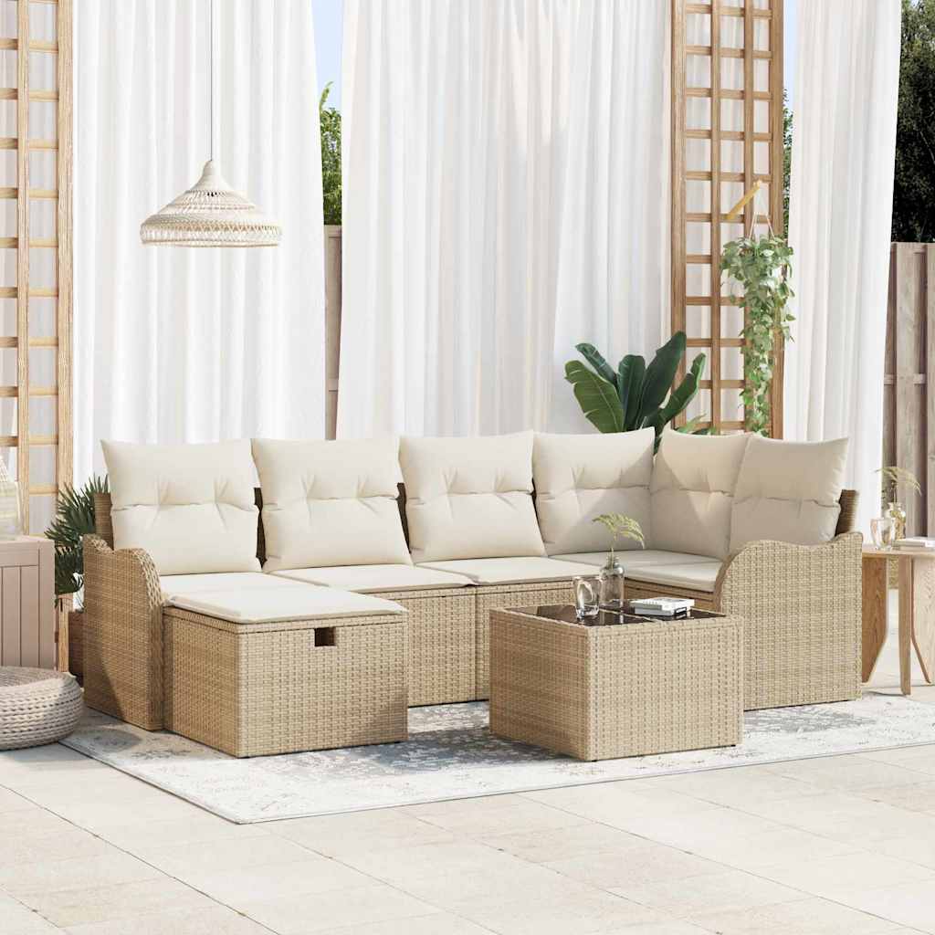 Havesofa Sæt med pude 7 pcs beige og cremefarvet Poly rattan