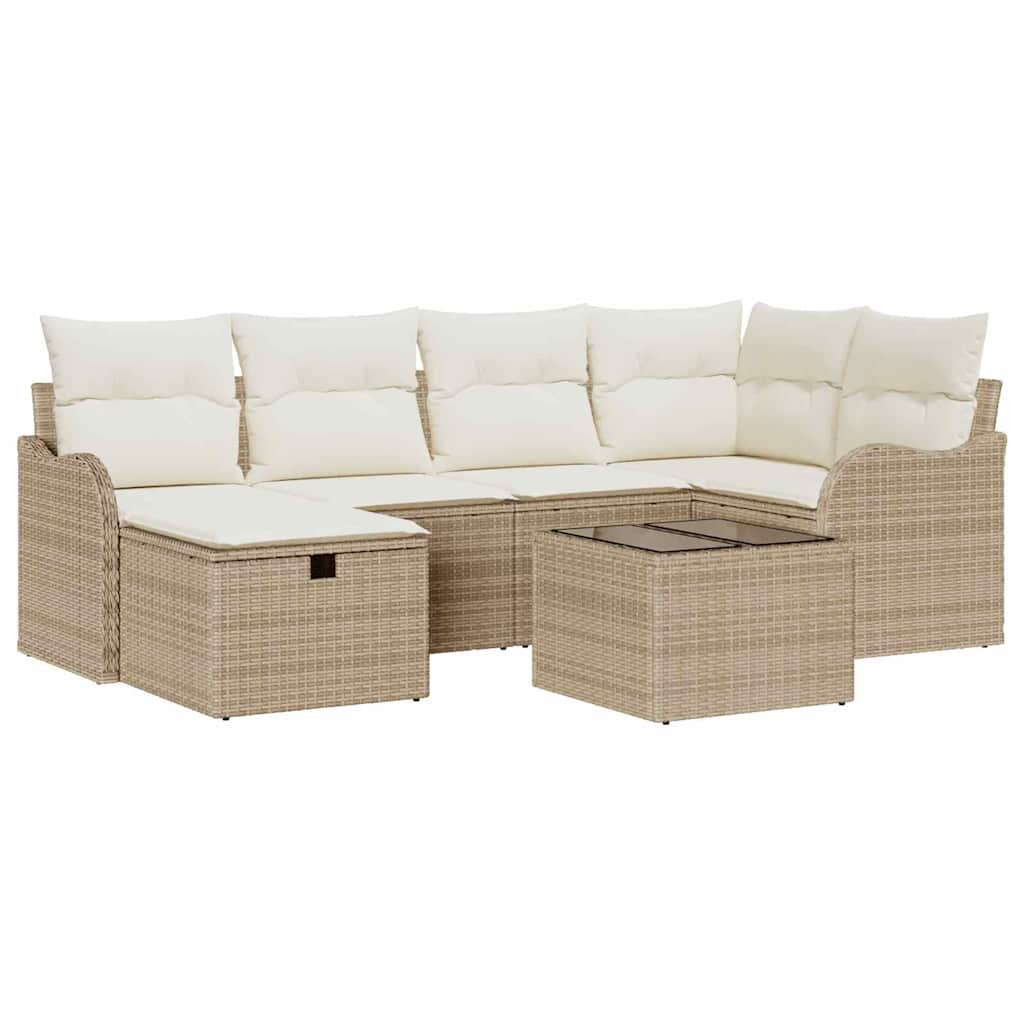 Havesofa Sæt med pude 7 pcs beige og cremefarvet Poly rattan