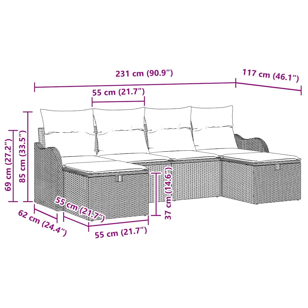 Sofa Sæt med pude med opbevaring 6 pcs Grå polyrattan