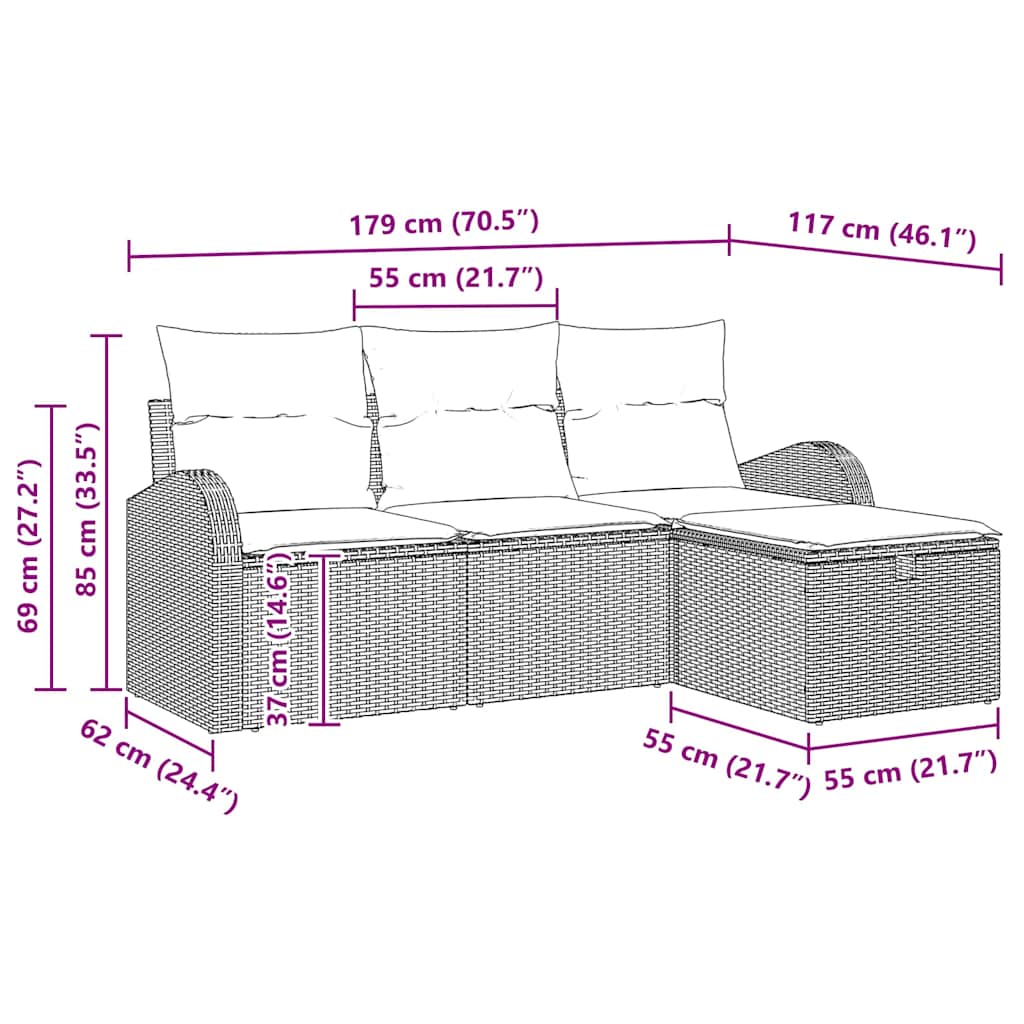 Sofa Sæt med pude med opbevaring 4 pcs Grå polyrattan
