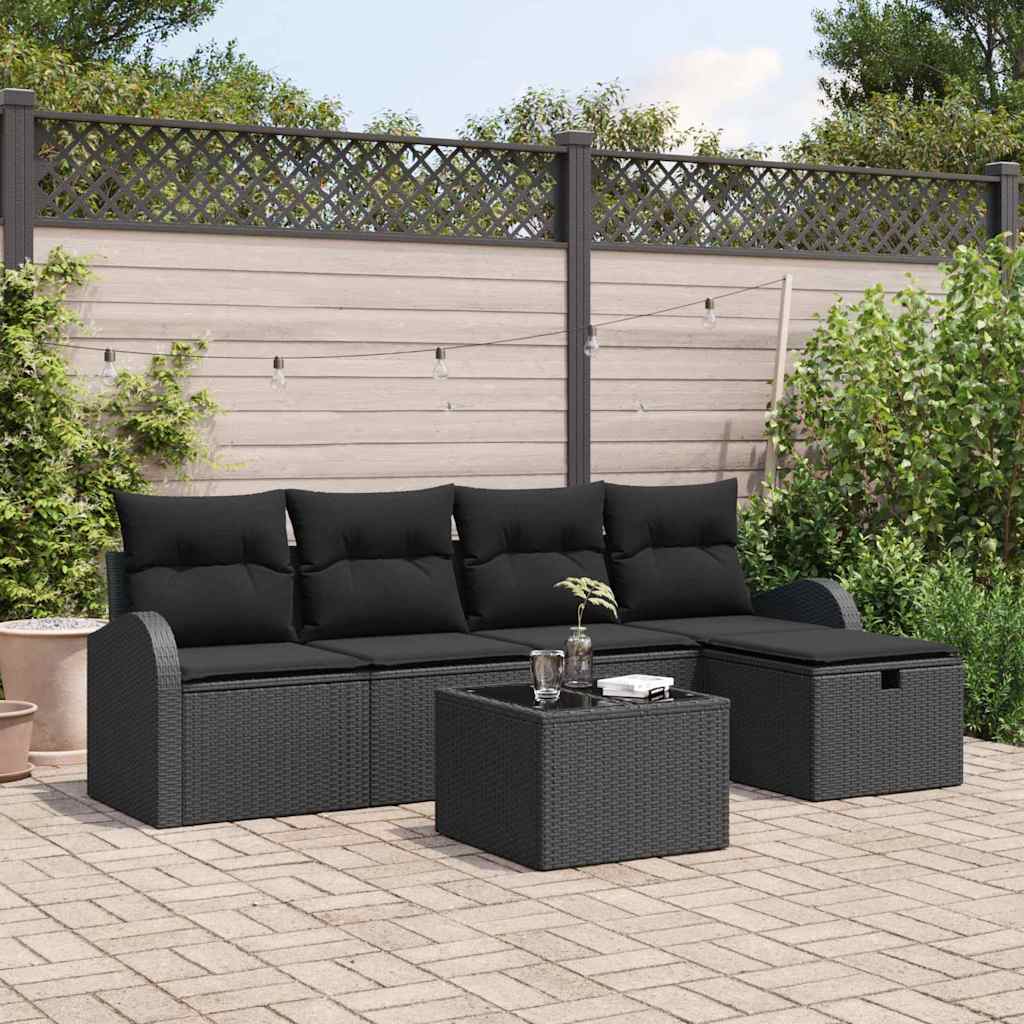 Sofa Sæt med pude med opbevaring 6 pcs Sort polyrattan
