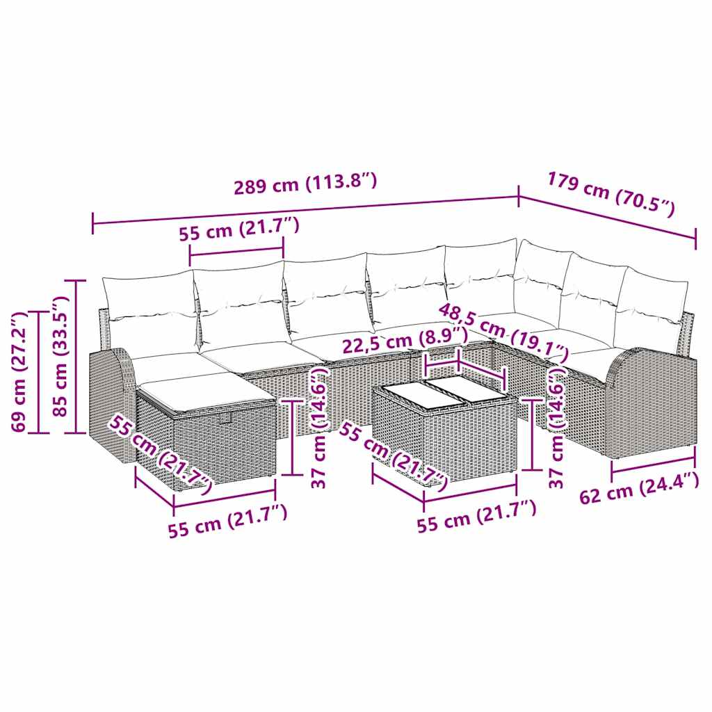 Sofa Sæt 9 stk. Sort og cremefarvet polyrattan