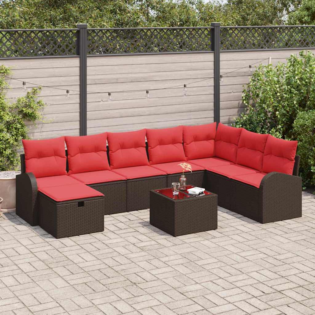 Sofa Sæt med pude med opbevaring 9 pcs Brun og Rød polyrattan