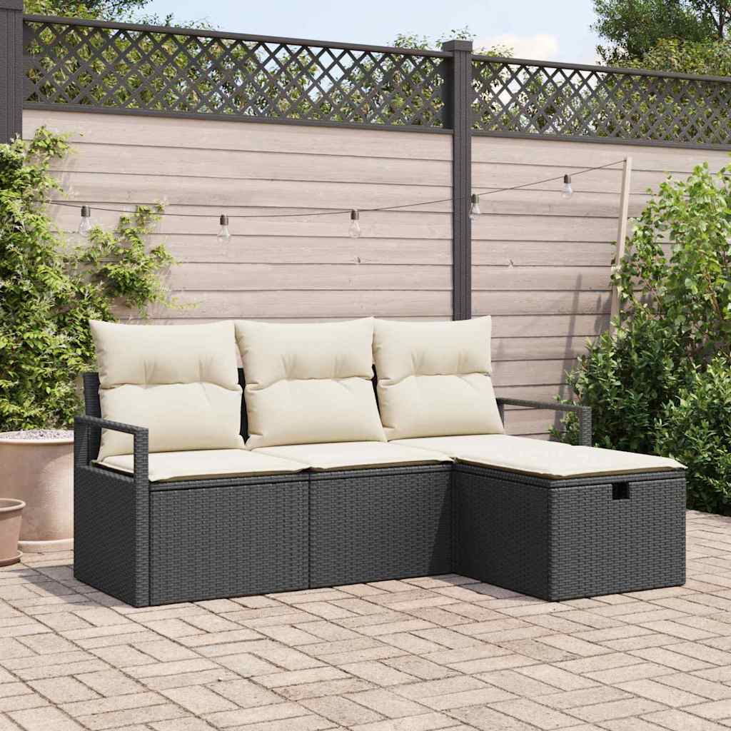 Sofa Sæt med pude med opbevaring 4 pcs Sort og Cream polyrattan