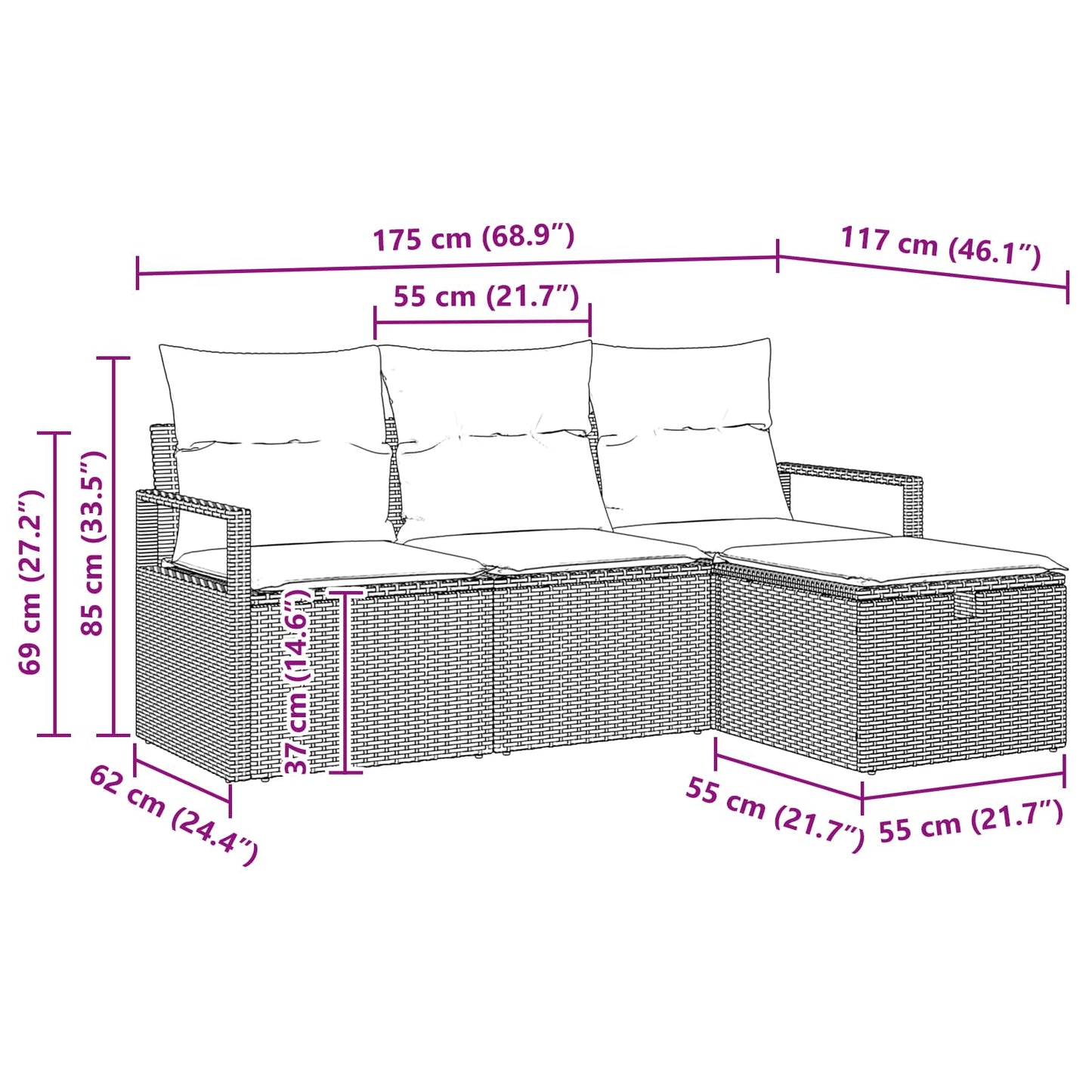 Sofa Sæt med pude med opbevaring 4 pcs Brun og Rød polyrattan