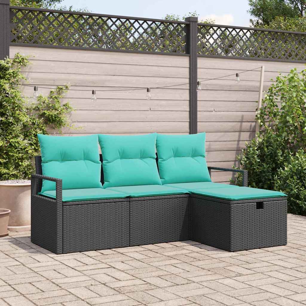 Sofa Sæt med pude 4 pcs Sort og turkis polyrattan