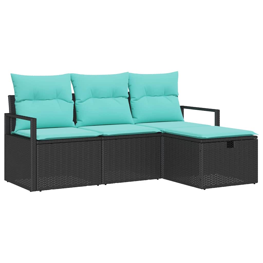 Sofa Sæt med pude 4 pcs Sort og turkis polyrattan