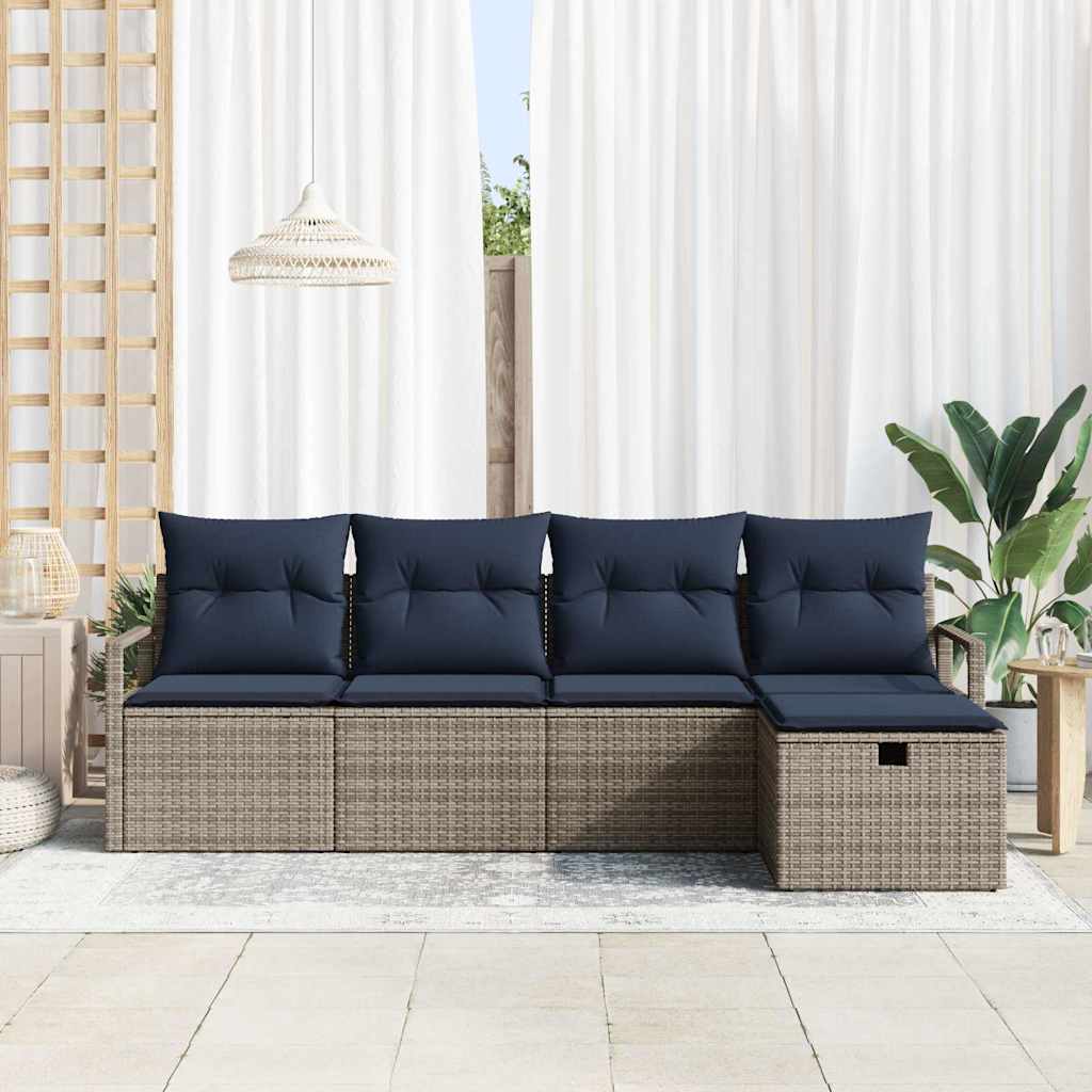 Sofa Sæt med pude 5 pcs Grå og Marineblå polyrattan