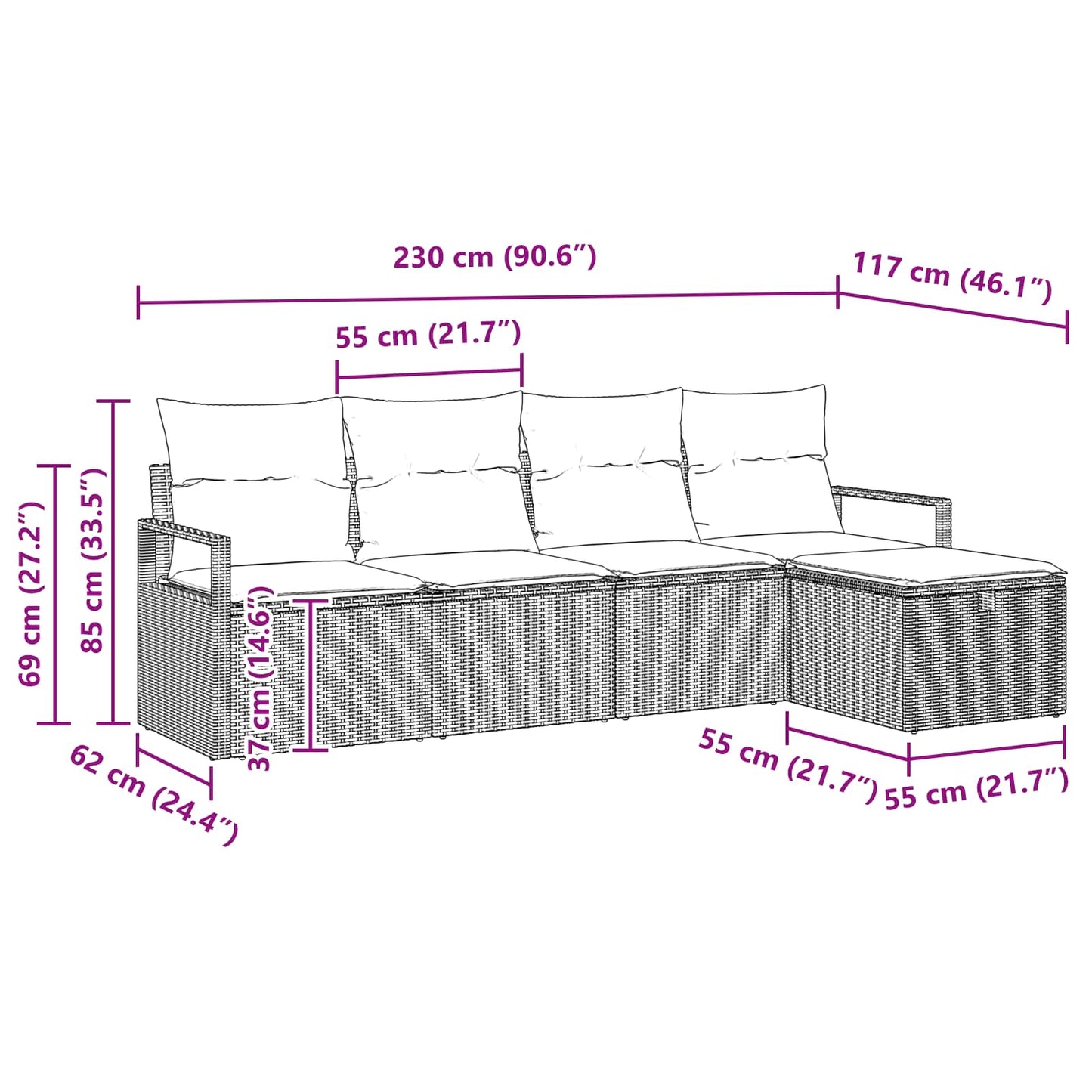 Sofa Sæt med pude 5 pcs Sort og turkis polyrattan