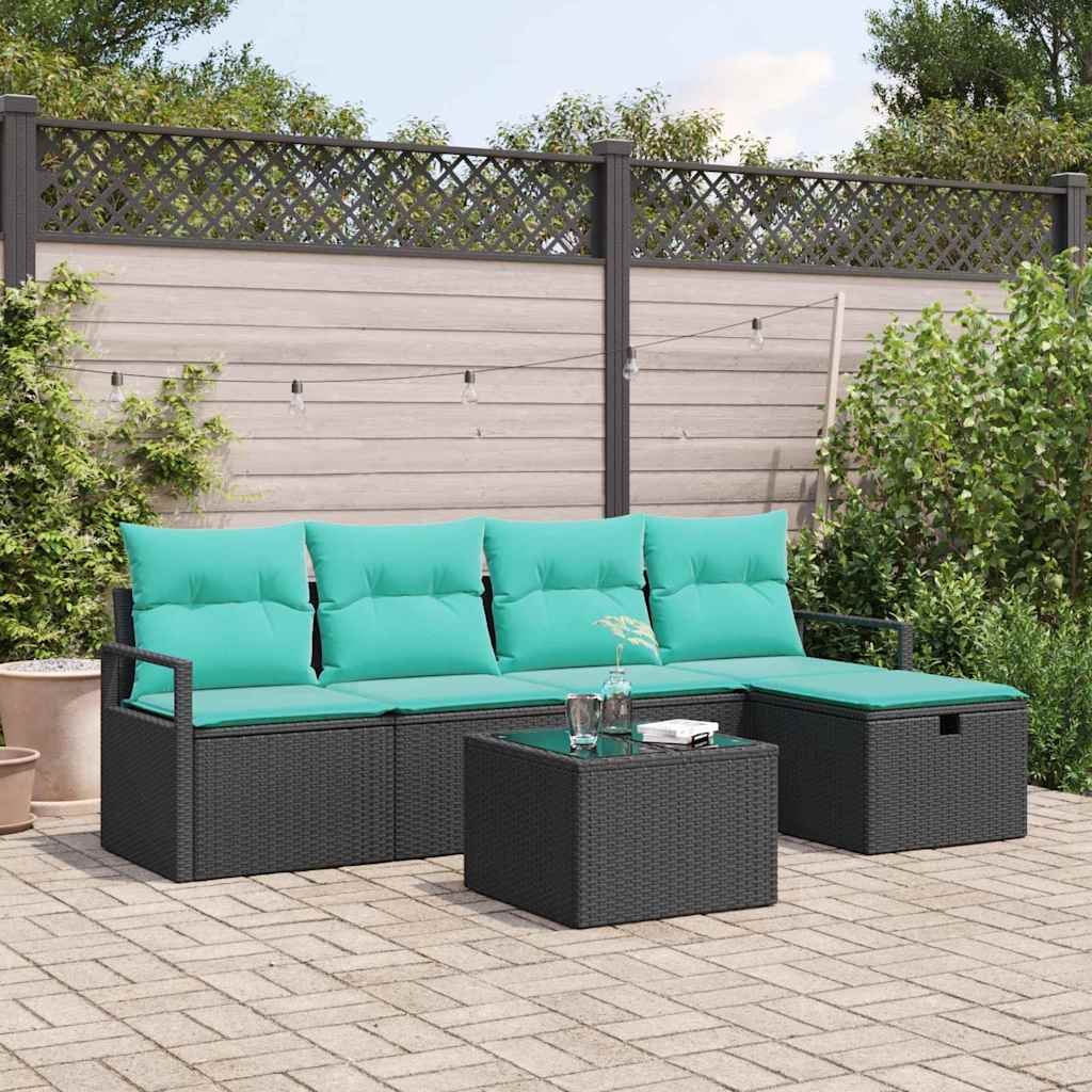 Sofa Sæt med pude 6 pcs Sort og turkis polyrattan