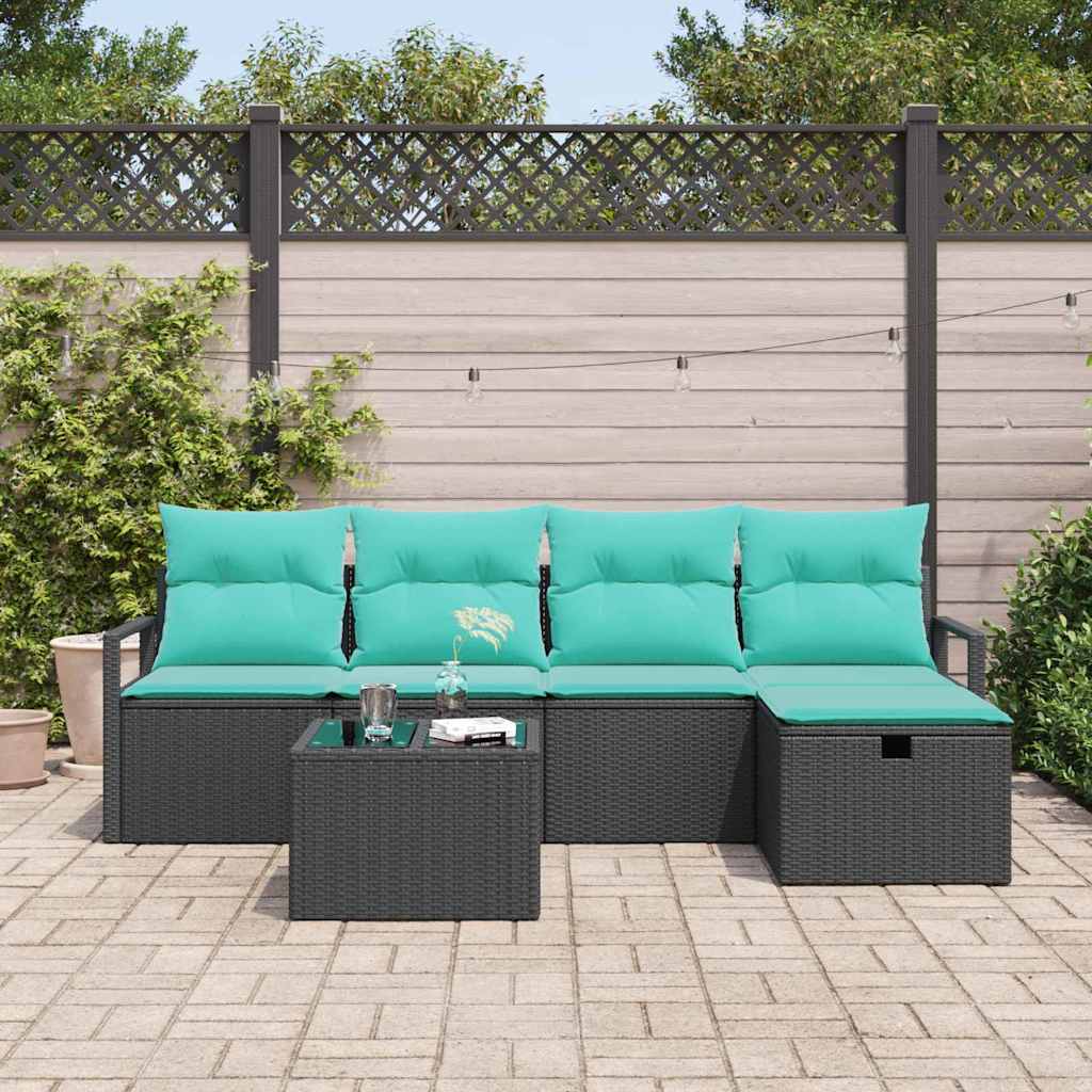 Sofa Sæt med pude 6 pcs Sort og turkis polyrattan