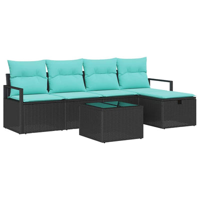 Sofa Sæt med pude 6 pcs Sort og turkis polyrattan
