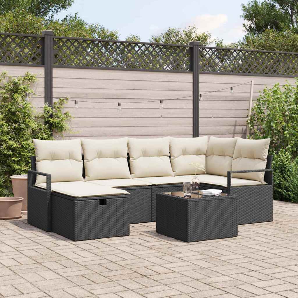Sofa Sæt 7 stk. 6-Antal sæder Sort og Cream polyrattan