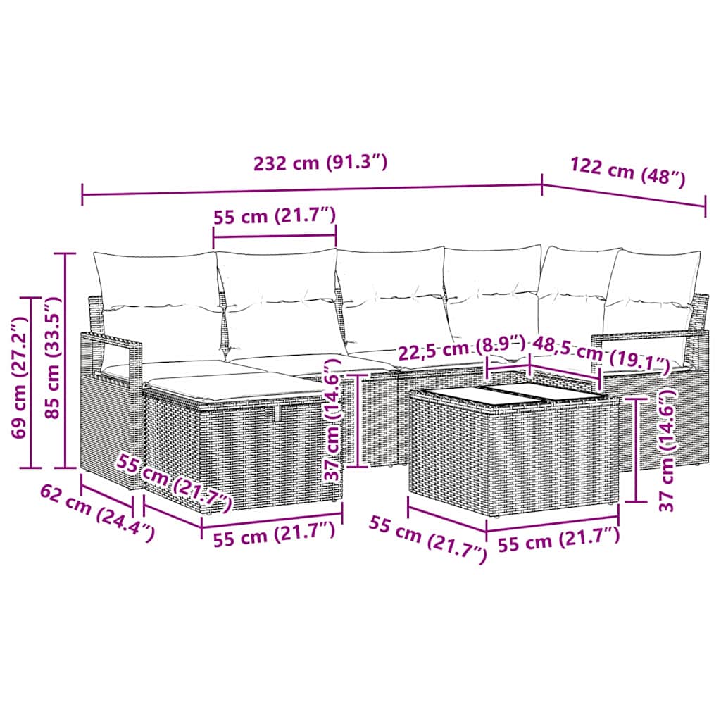 Sofa Sæt 7 stk. 6-Antal sæder Sort og Cream polyrattan