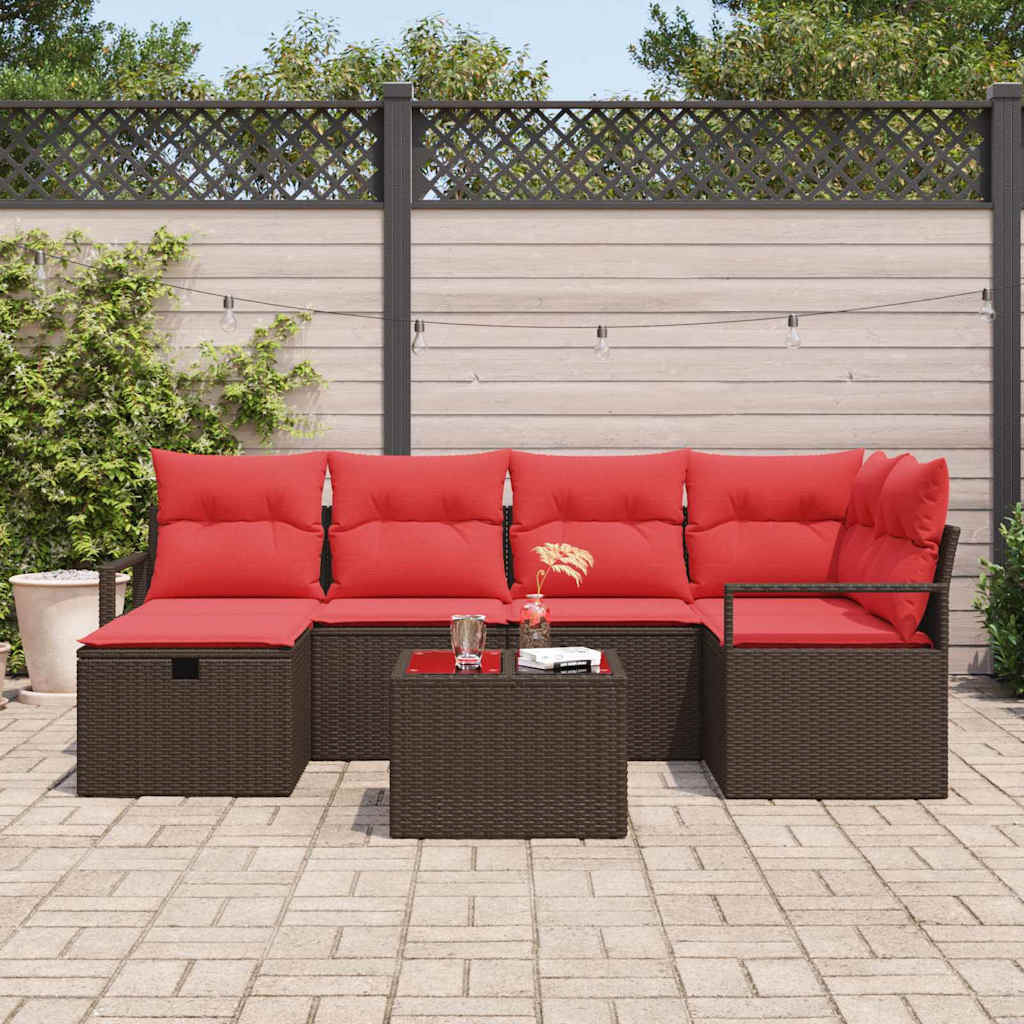 Sofa Sæt med pude med opbevaring 7 pcs Brun og Rød polyrattan