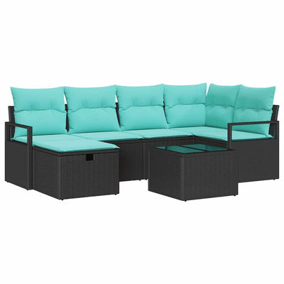 Sofa Sæt med pude 7 pcs Sort og turkis polyrattan
