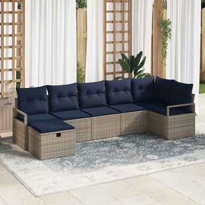 Sofa Sæt med pude 7 pcs Grå og Marineblå polyrattan