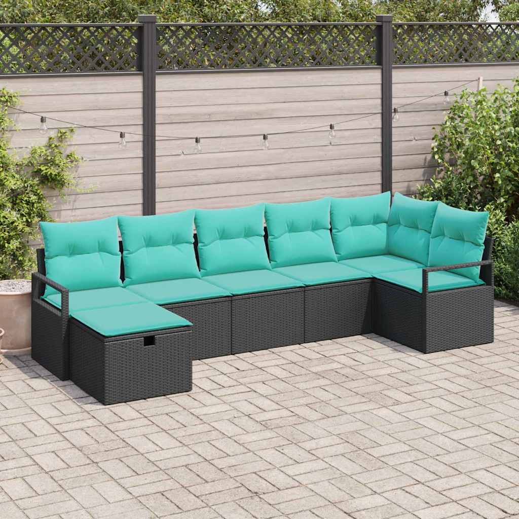 Sofa Sæt med pude 7 pcs Sort og turkis polyrattan