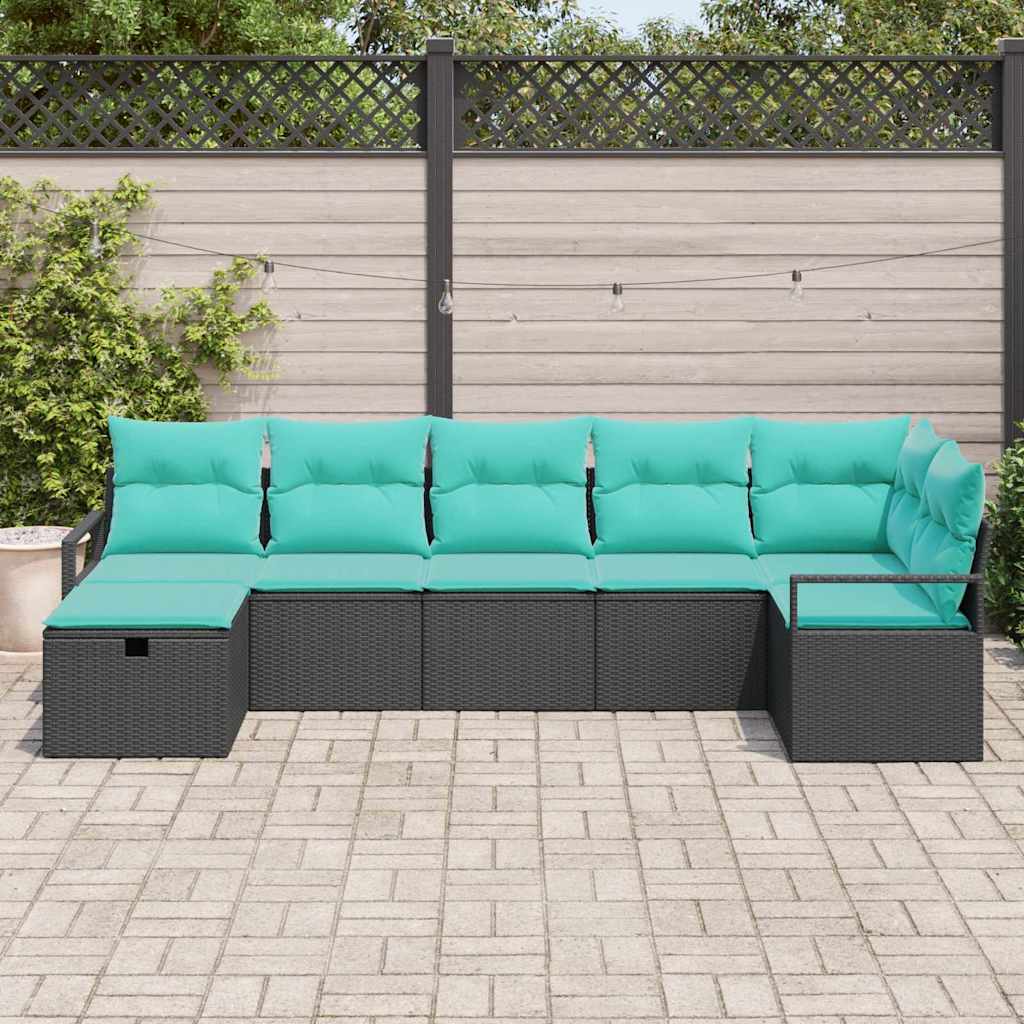 Sofa Sæt med pude 7 pcs Sort og turkis polyrattan