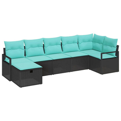 Sofa Sæt med pude 7 pcs Sort og turkis polyrattan