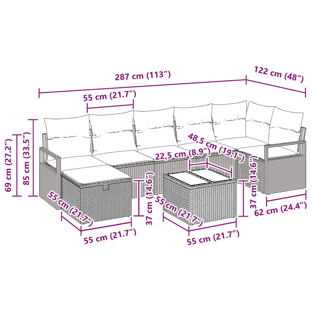Sofa Sæt med pude med opbevaring 8 pcs Grå polyrattan