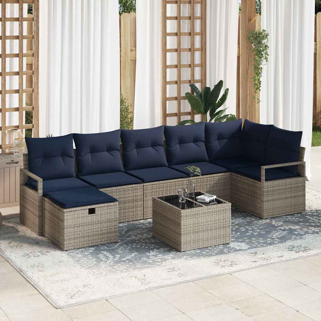 Sofa Sæt med pude 8 pcs Grå og Marineblå polyrattan