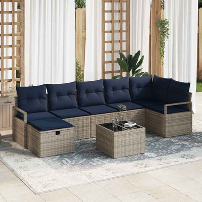 Sofa Sæt med pude 8 pcs Grå og Marineblå polyrattan
