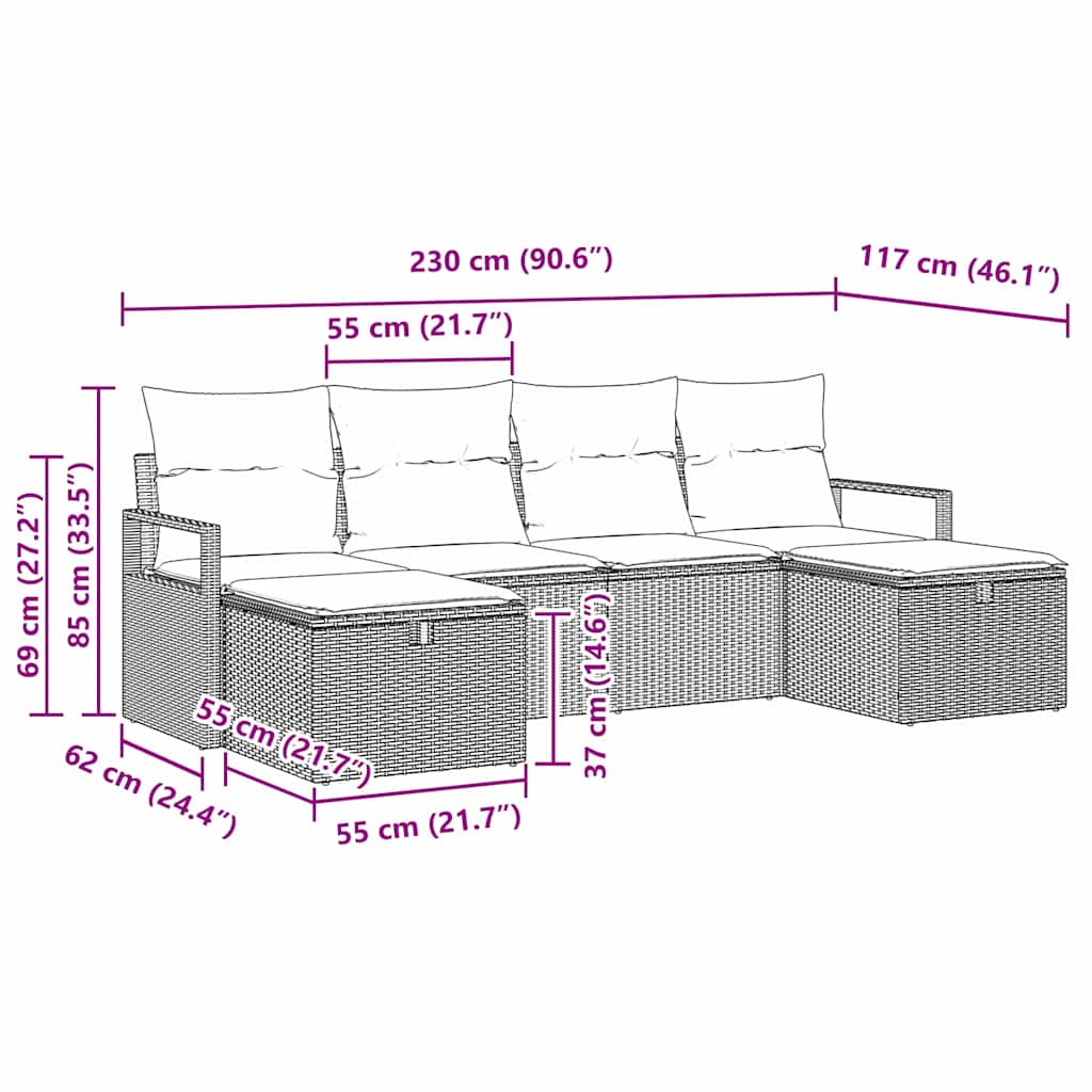 Sofa Sæt med pude med opbevaring 6 pcs Grå polyrattan