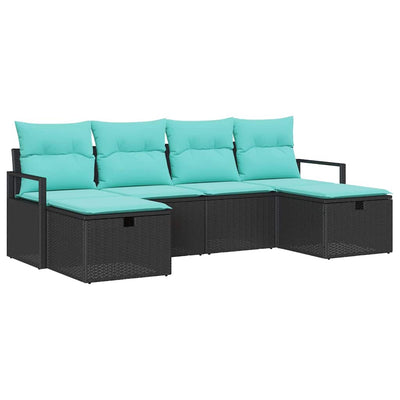 Sofa Sæt med pude 6 pcs Sort og turkis polyrattan