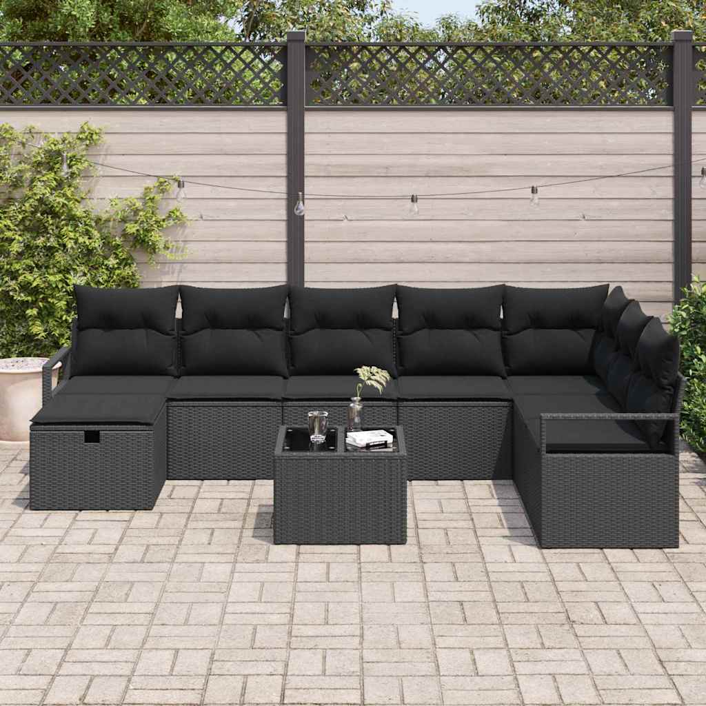 Sofa Sæt med pude med opbevaring 9 pcs Sort polyrattan