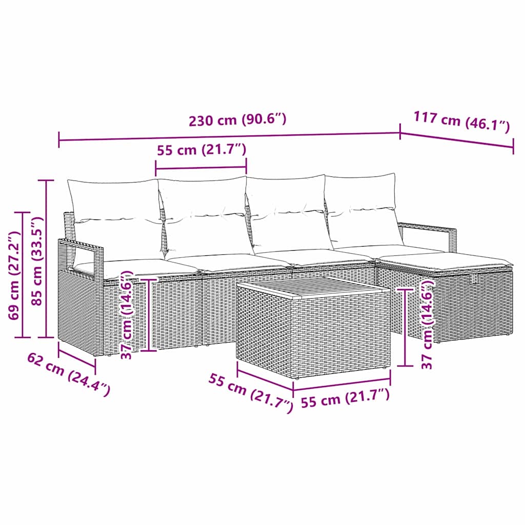 Havesofa Sæt 6 stk. Sort polyrattan