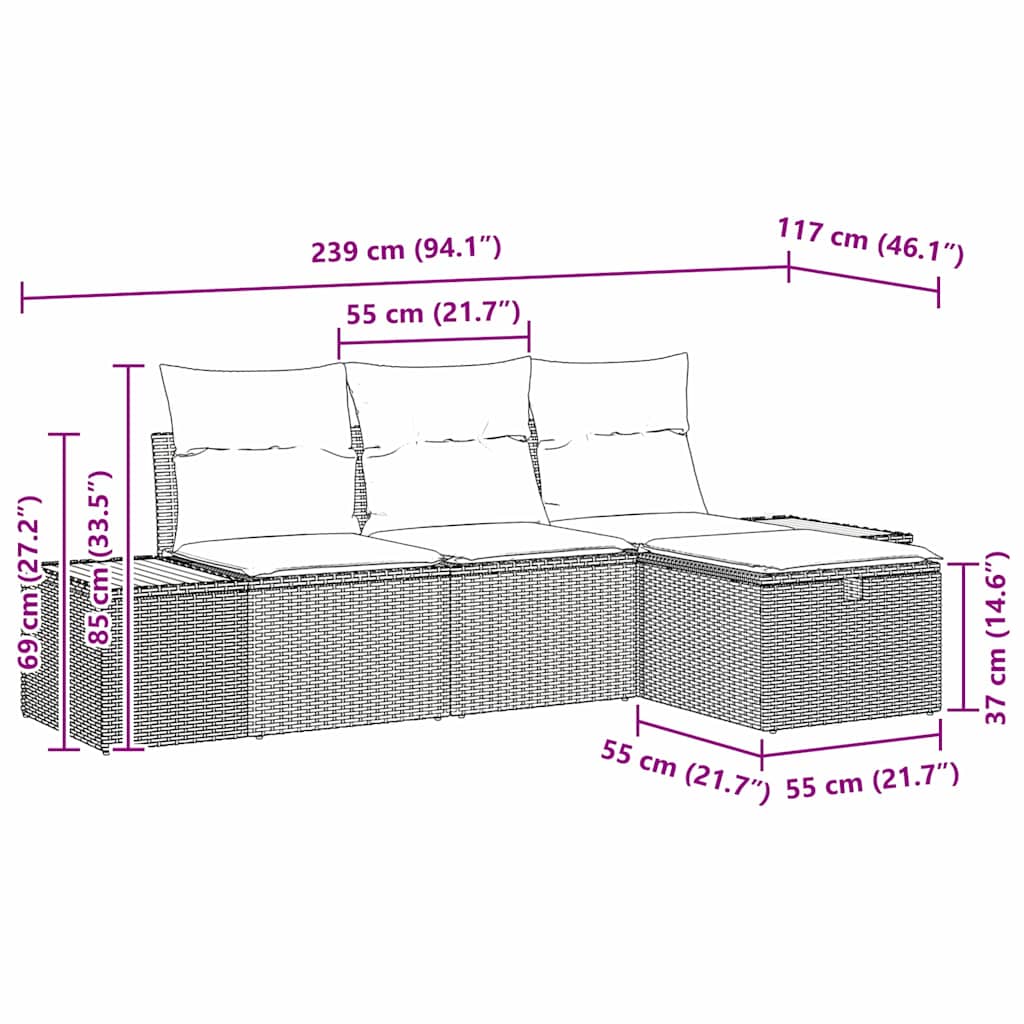 Havesofa Sæt 4 stk. Grå polyrattan