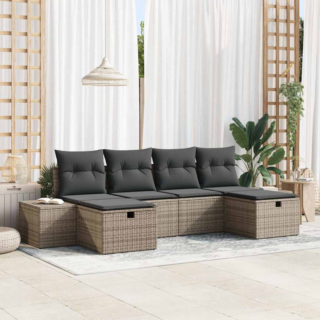 Havesofa Sæt med pude med opbevaring 6 pcs Grå polyrattan