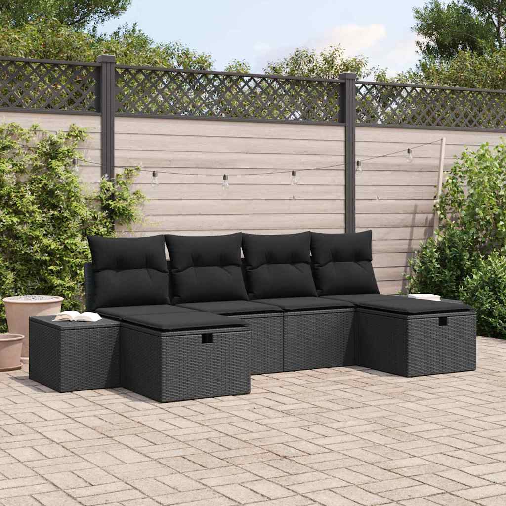 Havesofa Sæt med pude med opbevaring 6 pcs Sort polyrattan