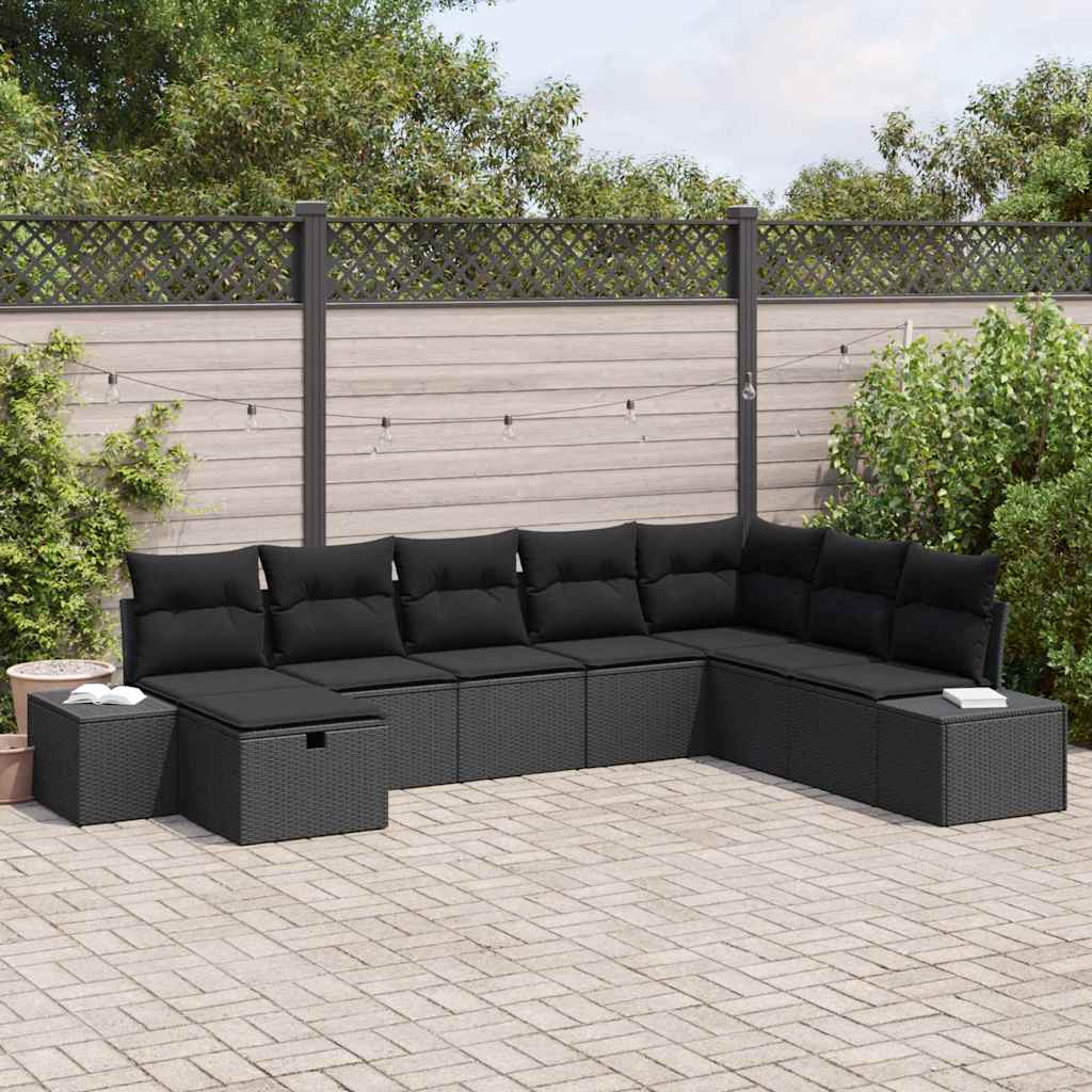 Havesofa Sæt med pude 8 pcs Sort Poly rattan
