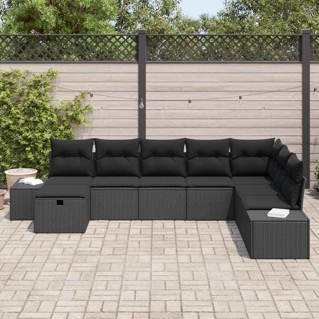 Havesofa Sæt med pude 8 pcs Sort Poly rattan
