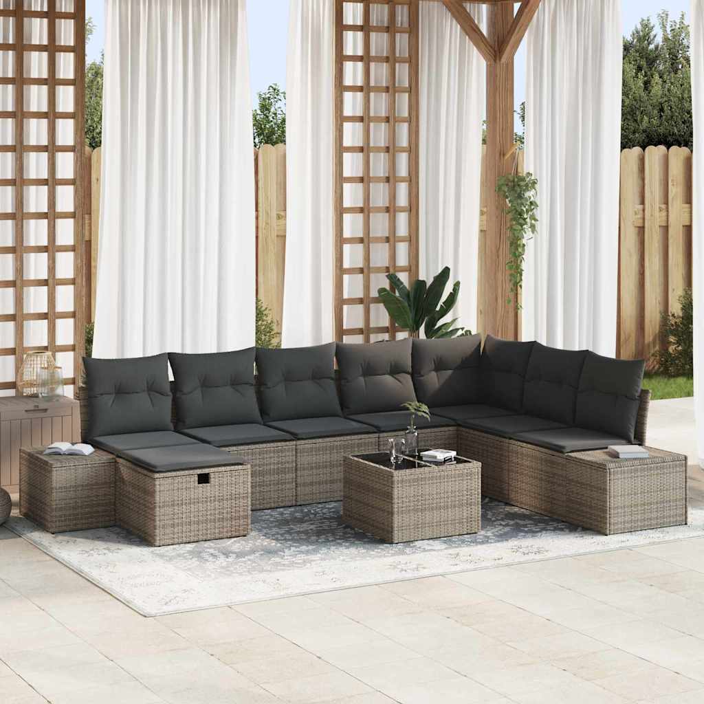 Havesofa Sæt med pude 9 pcs Grå Poly rattan