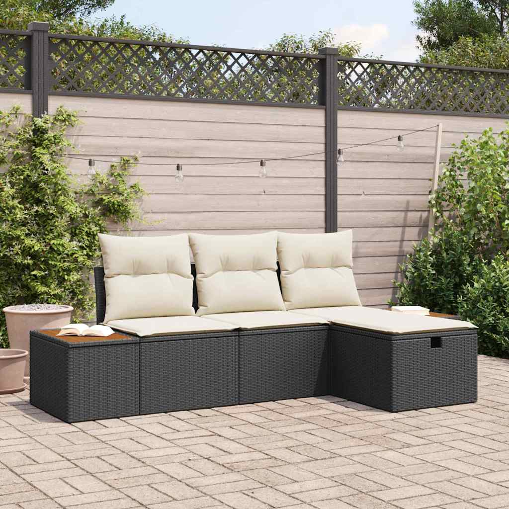 Havesofa Sæt med pude med opbevaring 4 pcs Sort polyrattan