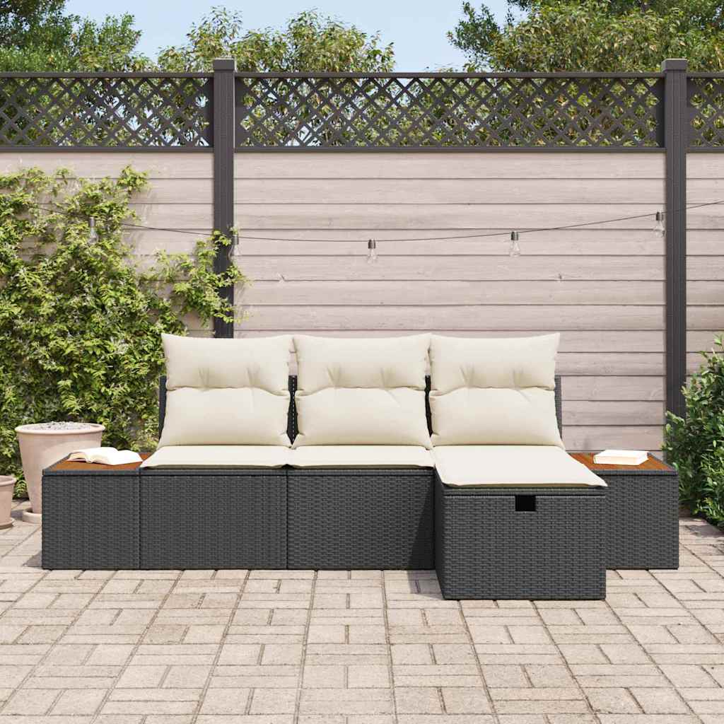 Havesofa Sæt med pude med opbevaring 4 pcs Sort polyrattan