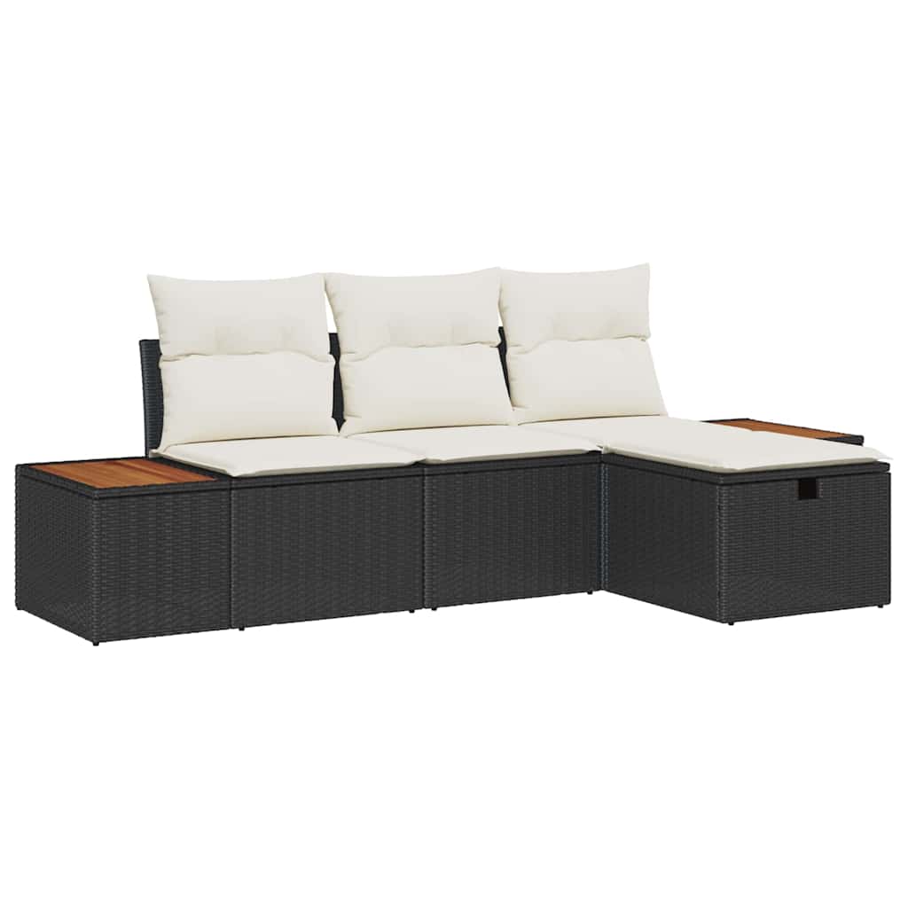 Havesofa Sæt med pude med opbevaring 4 pcs Sort polyrattan