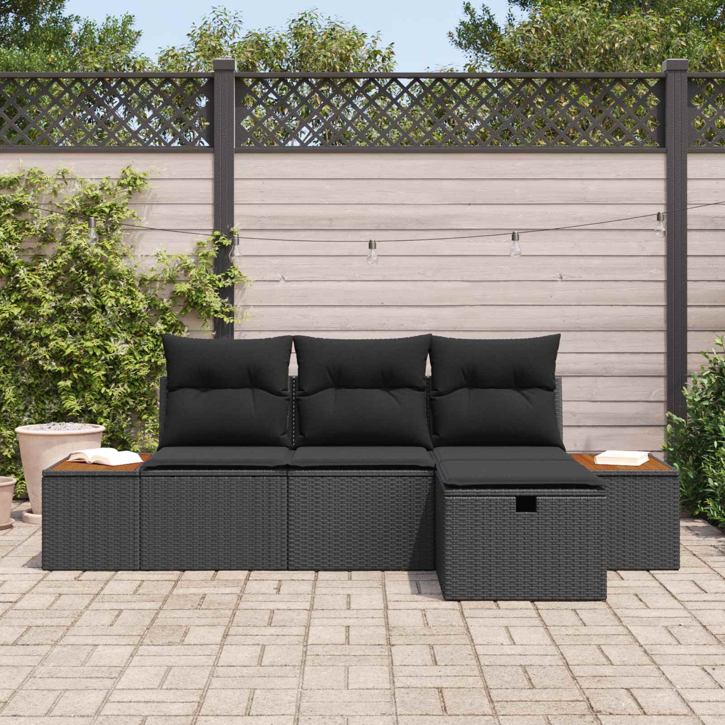 Havesofa Sæt med pude med opbevaring 4 pcs Sort polyrattan