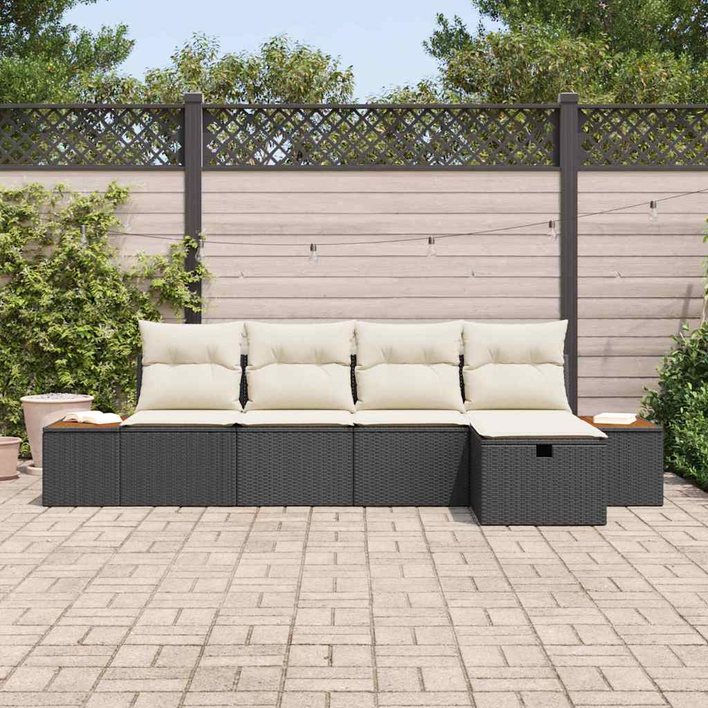 Havesofa Sæt med pude 5 pcs Sort Poly rattan