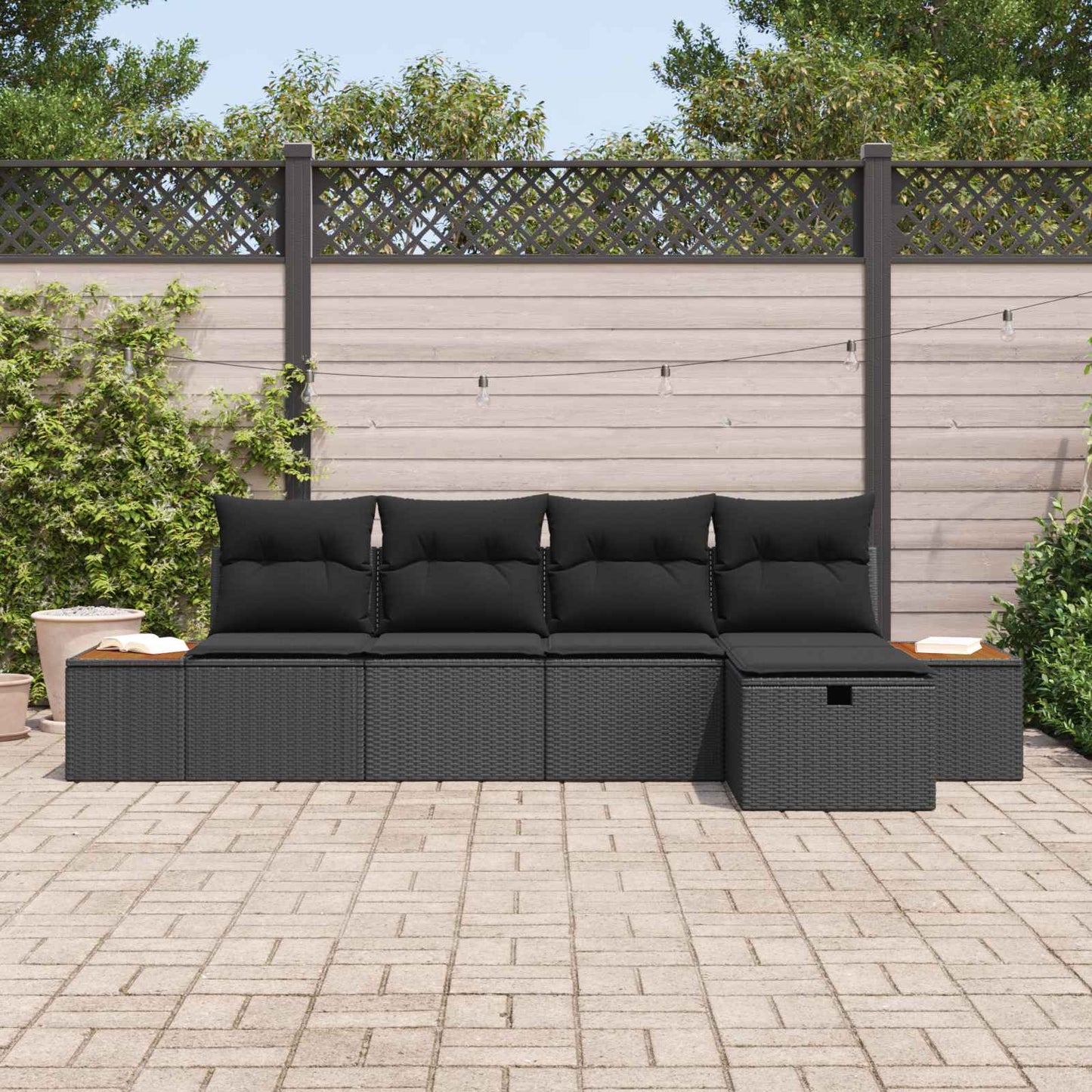 Havesofa Sæt med pude 5 pcs Sort Poly rattan